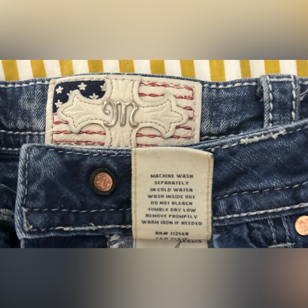 Miss Me  Mid-Rise Stretch “Patriotic” Distressed Blue Jean Shorts - Picture 9 of 11